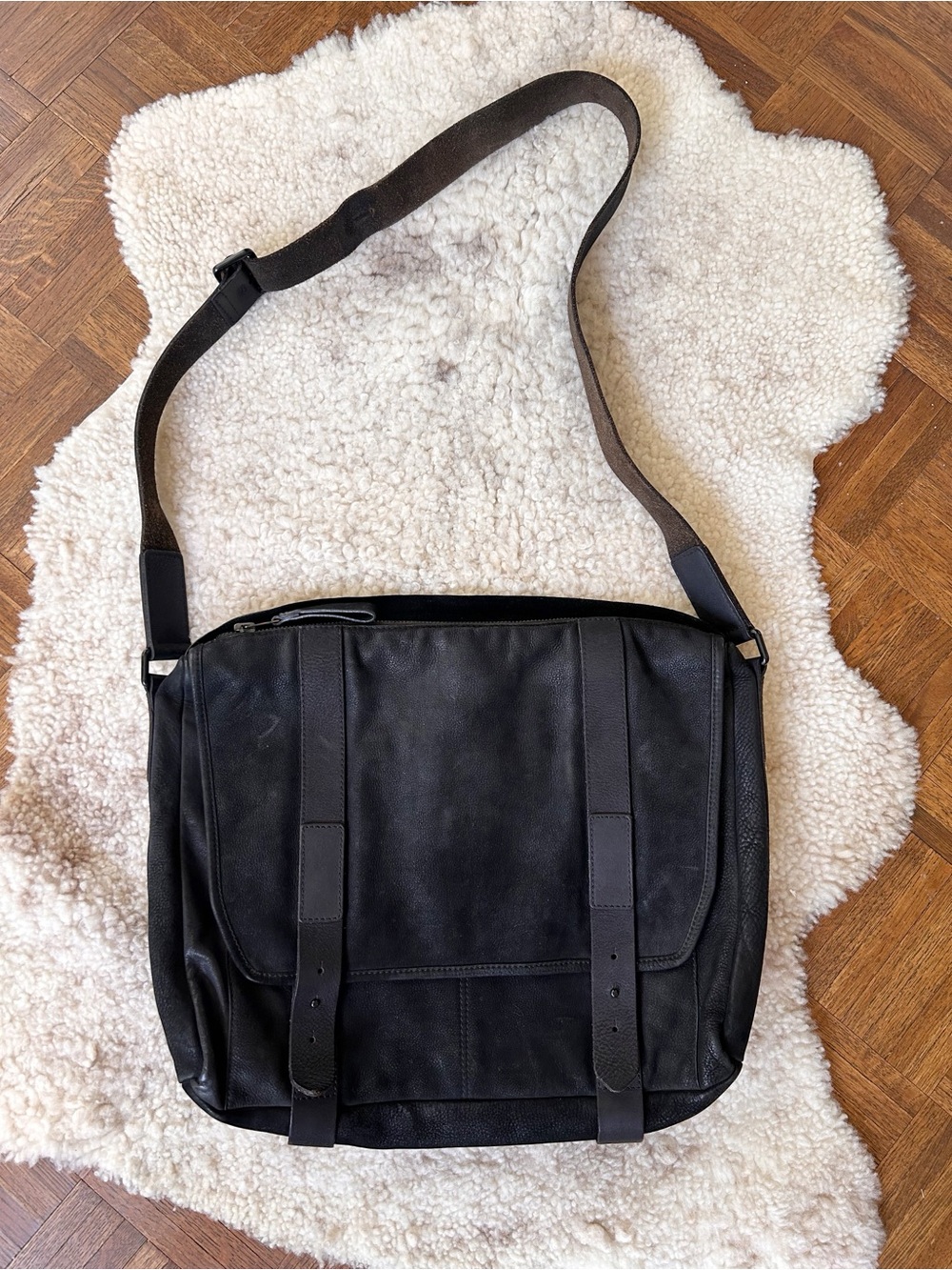 AllSaints Thorpe Suede Leather Messenger Bag Unisex Black